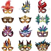 Blulu 24 Pcs Mardi Gras Masks Carnival Parade Faux Feather Face Waterproof Cardboard Masks Masquerade Party New Orleans Fantasy for Women Man Costume Party Favors