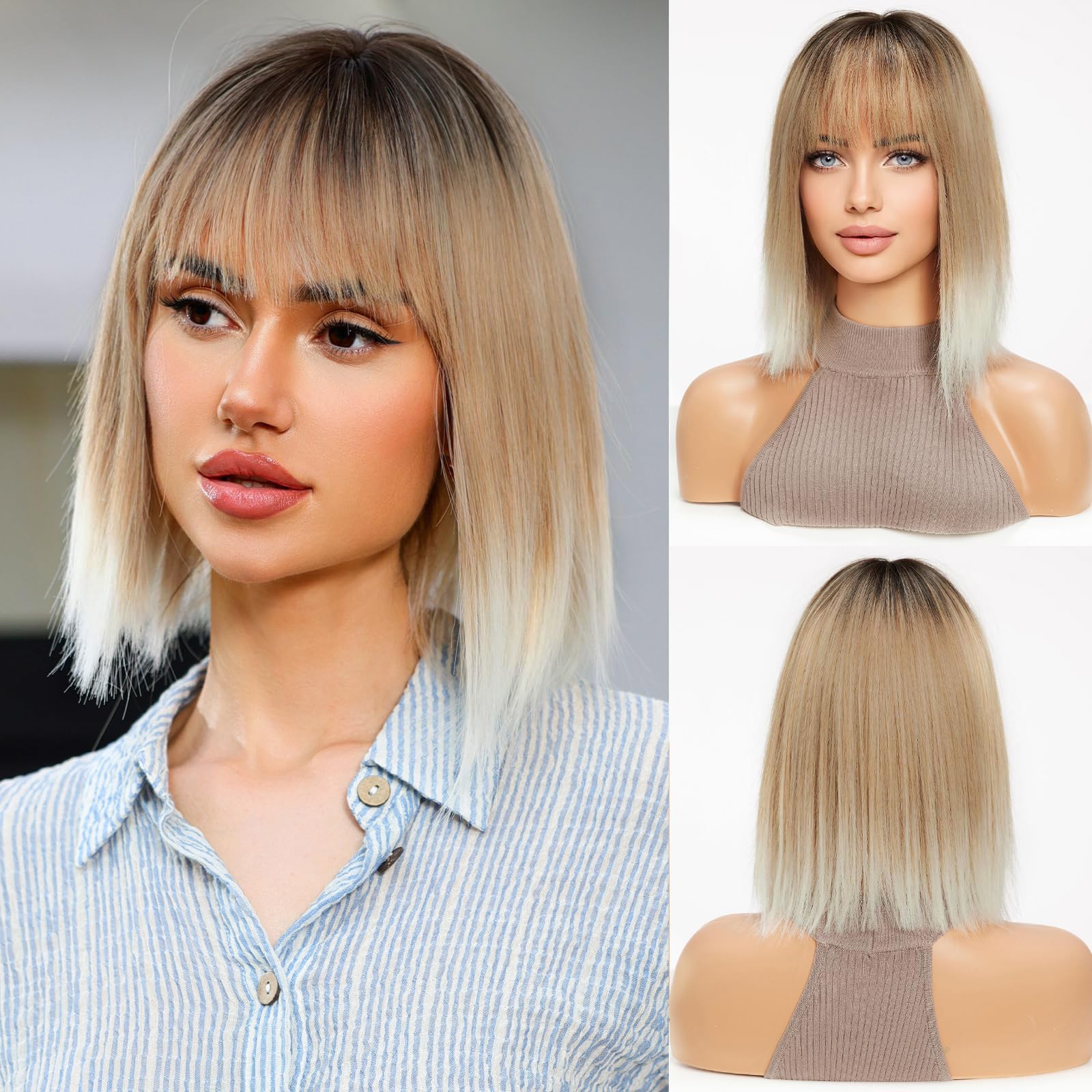 HAIRCUBE Long Straight Wigs for Women, Synthetic Hair Wig with Neat Fringe for Daily Use or Cosplay (Bleach Blonde to White)