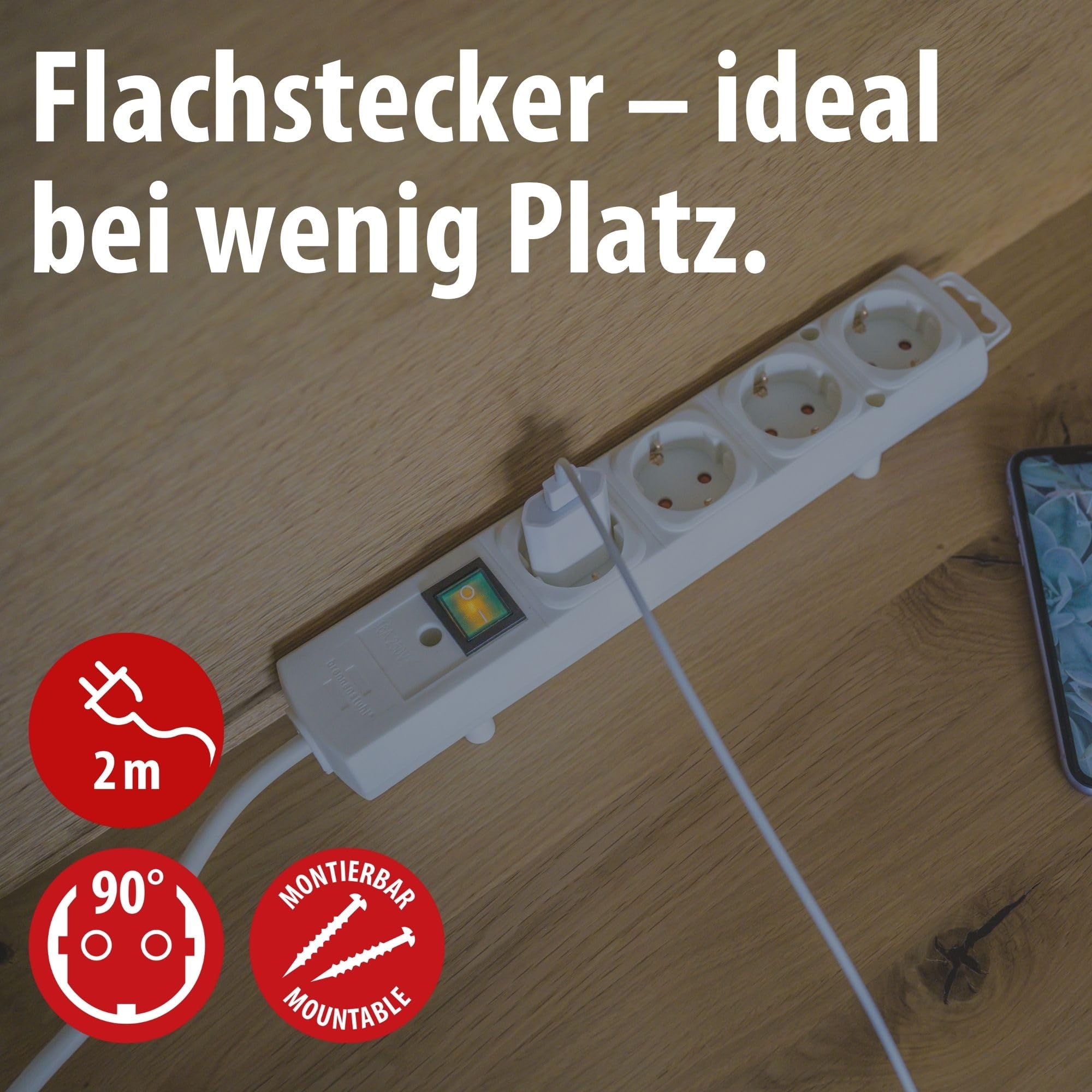 Brennenstuhl Comfort-Line Plus Steckdosenleiste 4-Fach (Steckerleiste mit Flachstecker und Schalter, Mehrfachsteckdose mit 2m Kabel und extra Breiten Abständen der Steckdosen) weiß 2