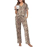 Ekouaer Pajamas for Women Set Button Up Sleepswear 2 Piece Short Sleeve PJ Top and Long Pants Loungwear With Pocket S-XXL