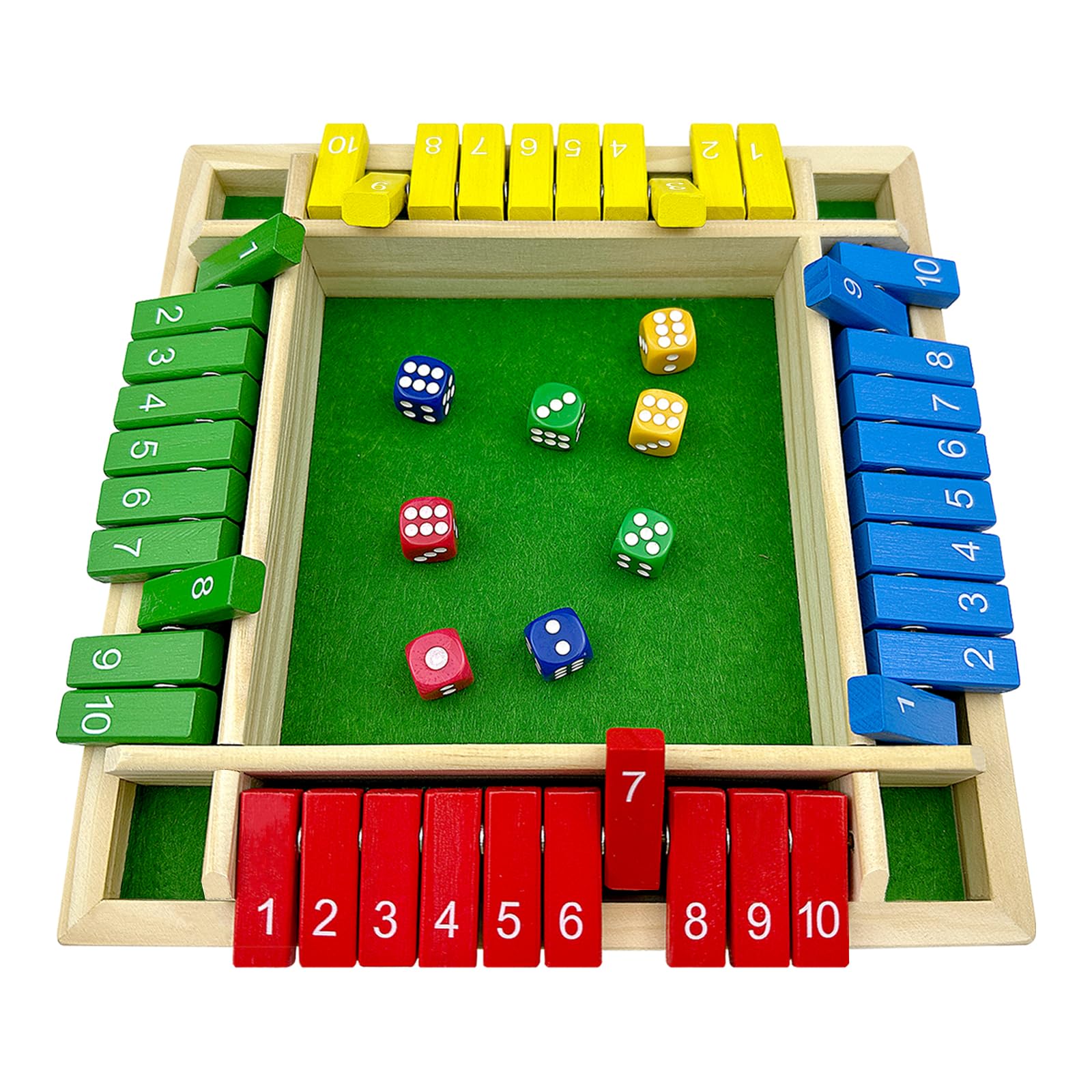 Shut The Box for 4 Players, Wooden Table Game Dice Games Educational Dice Game Great Family Board Games Holiday Travel Fun Game Math Learning Education Toy Gift for Kids 3 4 5 6 Years Old -Multicolor