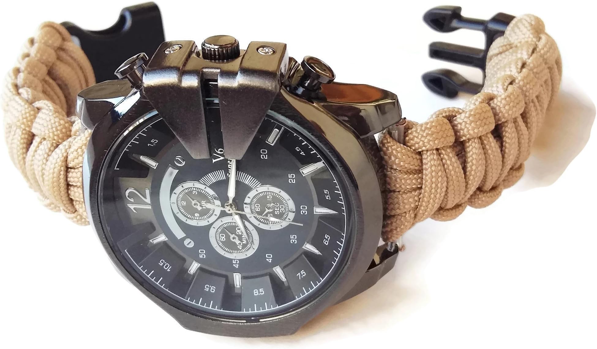Large survival paracord watch men Beige cord band bracelet Custom wrist size Boyfriend birthday gift