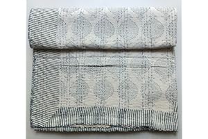 SAMBHAV QUILT HUB Blue Cotton Handmade Handblock Quilted Blanket Indian Cotton Spread Kantha Handblock Print Beork Bohemian Bed Decor Block Throw Blanket Twin/King/Queen (Queen 90X108 inches (8))