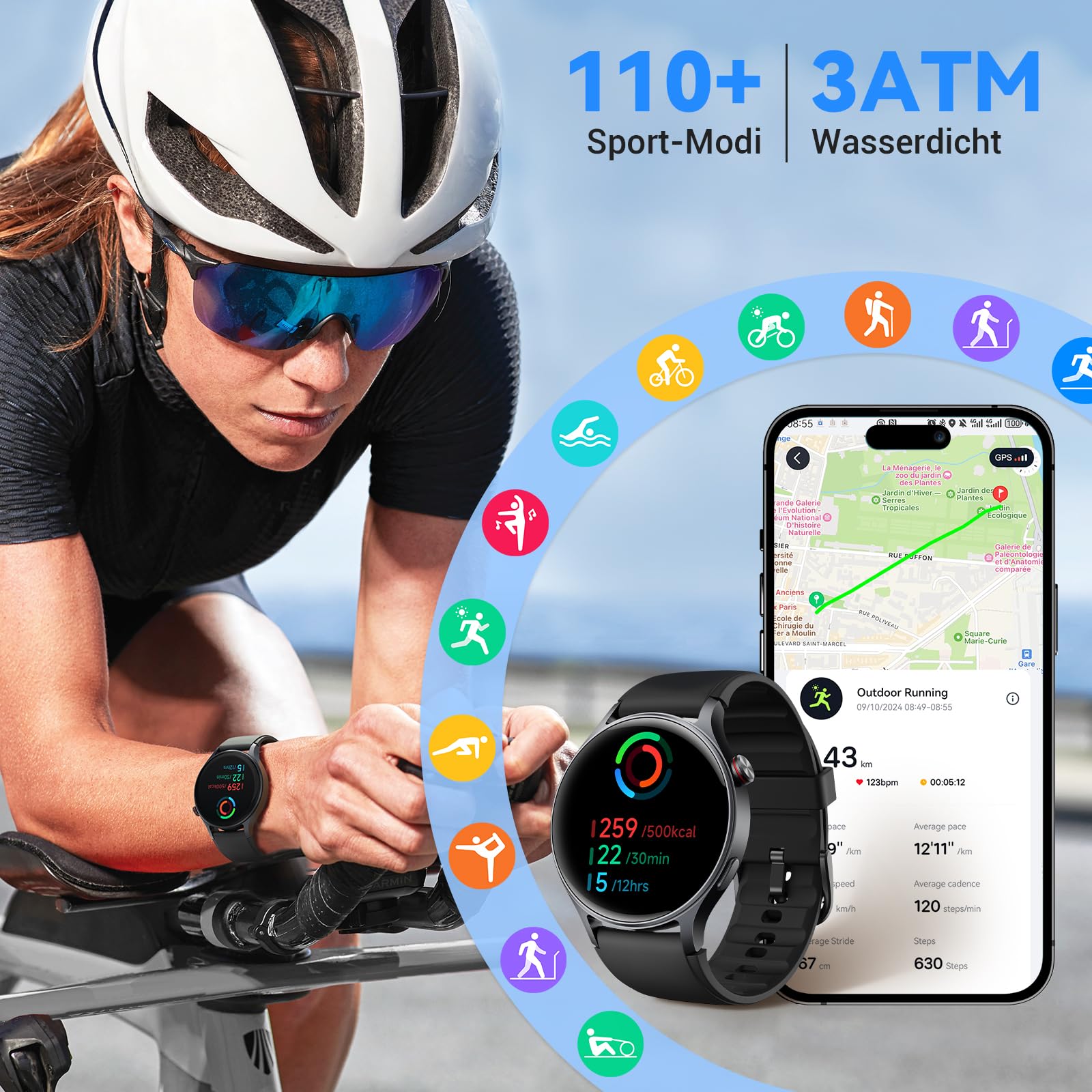 Smartwatch Herren Rund mit Telefonfunktion- 1.32" AMOLED Display, Fitnessuhr mit 110+ Sportmodi &3ATM, Uhren Damen Herren für iOS/Android Schrittzähler mit Pulsmesser/ SpO2/ Schlafmonitor- Schawrz 5