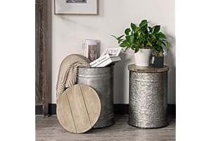 oneinmil Rustic End Table with Storage Bins Farmhouse Furniture Galvanized Metal Stool Ottoman Seat with Round Wood Lid Set of 2