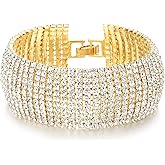 COOLSTEELANDBEYOND Sparkling Womens Crystal Rhinestones Cluster Wide Bangle Bracelet, Necklace, Luxury