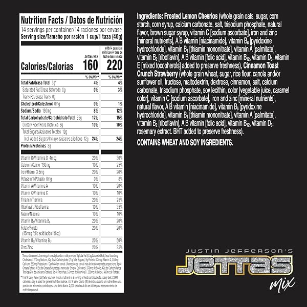 JUSTIN JEFFERSON’S JETTAS MIX CEREAL, CINNAMON TOAST CRUNCH STRAWBERRY AND FROSTED LEMON CHEERIOS, FAMILY SIZE, 19.8 OZ