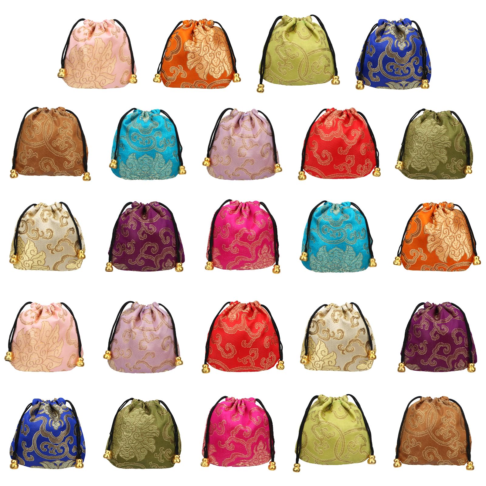 kilofly Chinese Silk Brocade Drawstring Jewelry Pouch Bag Value Set, 24 pcs