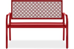 Best Choice Products Outdoor Bench 2-Person Metal Steel Benches Furniture for Garden, Patio, Porch, Entryway w/Geometric Backrest, 790lb Capacity - Rose Red