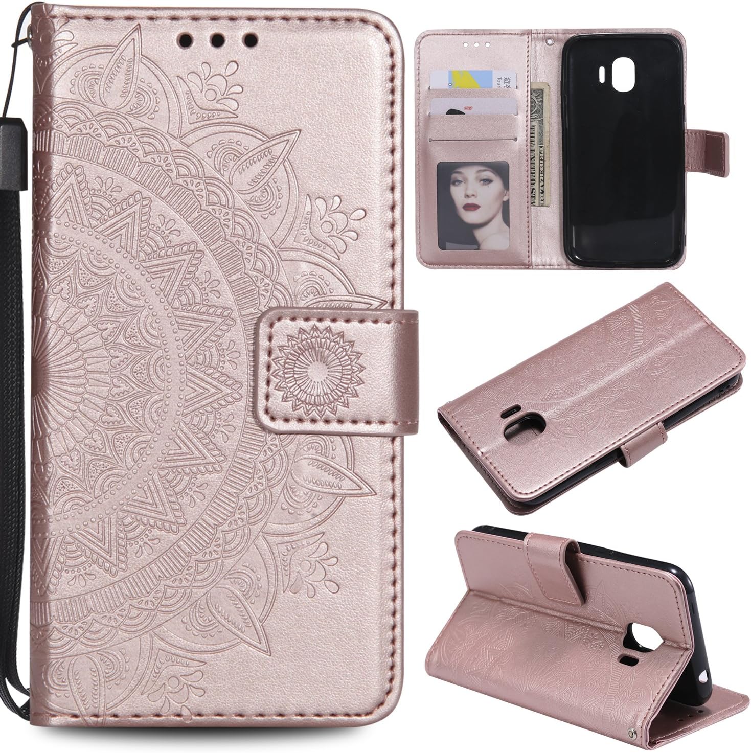 Galaxy J2 Pro 2018 Floral Protective Wallet Case,Galaxy J2 Pro 2018 Strap Flip Case,Leeook Pretty Elegant Embossed Totem Flower Design Pu Leather Bookstyle Magnetic Card Slots Wrist Strap Rose Gold Soft Inner Stand Flip Skin Case Cover Book Style With Lanyard Strap for Samsung Galaxy J2 Pro 2018 + 1 x Free Black Stylus-Rose Gold