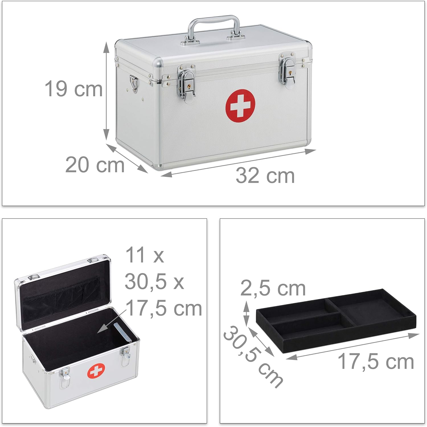 Relaxdays First Aid, Aluminium Medic Kit Case with Carry Strap Empty Emergency Box HWD: 19x32x20 cm, Silver, Metal, 19 x 32 x 20 cm: Kitchen & Dining