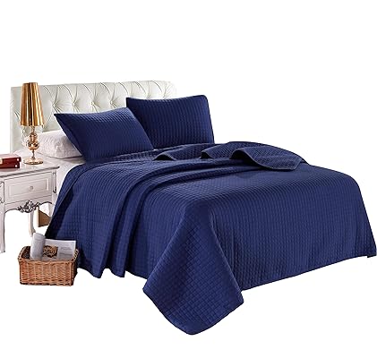 Full Navy Blue Box Stitch Quilted Bedspread Coverlet with Shams