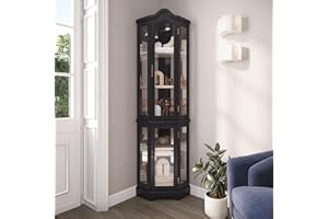 BELLEZE Lighted 3-Side Glass Display Curio Cabinet w/Tempered Glass Doors and Shelves, Curved Wood Corner Cabinet with Bulb, Corner Storage Rack for Living Room and Kitchen (Black)
