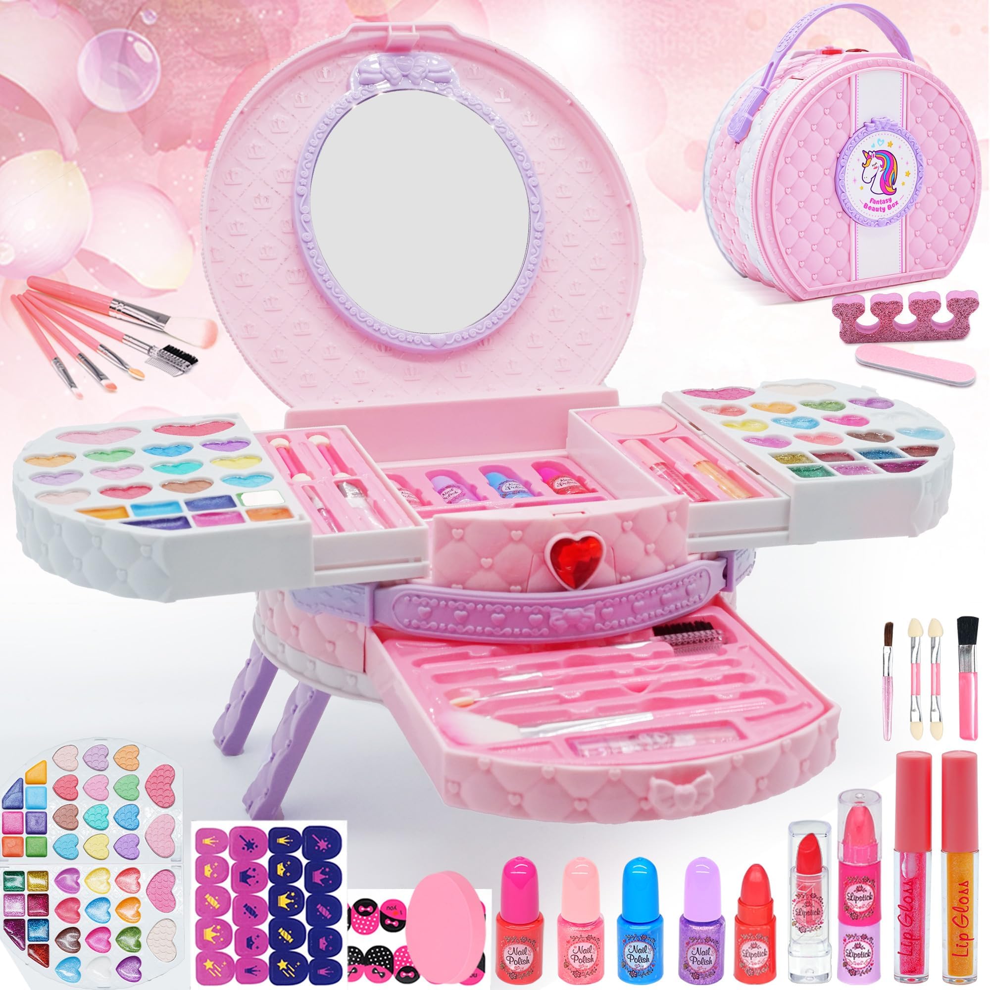 Kids Makeup Sets for Girls - 66 PCS Dresser Vanity Case Make Up Set for Girls Childrens Toddler, Washable and Safe Pretend Play Games Toys Makeup kids, Christmas Birthday Presents for 3+ Year Old Girl — image 1