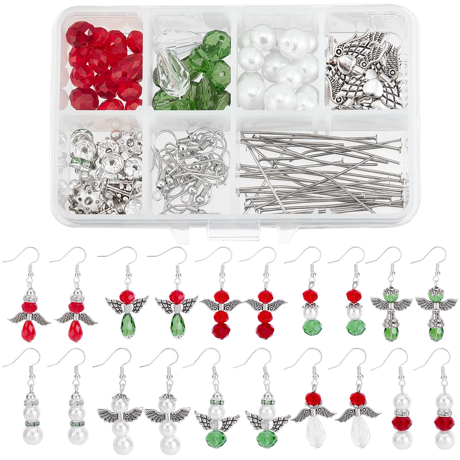 SUNNYCLUE 1 Box DIY 10 Pairs Christmas Charms Earring Making Kit Angel Beads for Jewelry Making Snow Flower Angel Wings Beads Faceted Bicone Crystal Glass Jump Rings Earrings Hooks Adult Women — image 1