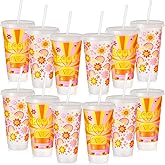 Uiifan 12 Pcs Groovy Plastic Cups Groovy Party Decorations Plastic Tumbler with Lid and Straw 24oz Reusable Boho Retro Hippie Cups for Hippie Birthday Party Wedding Decorations