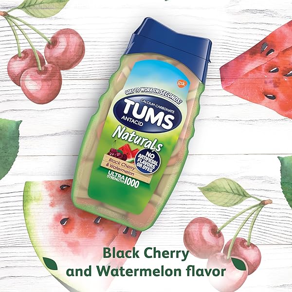 TUMS NATURALS ULTRA STRENGTH ANTACID CHEWS FOR HEARTBURN RELIEF, GREAT FOR A SUMMER BBQ – BLACK CHERRY & WATERMELON – 190 COUNT
