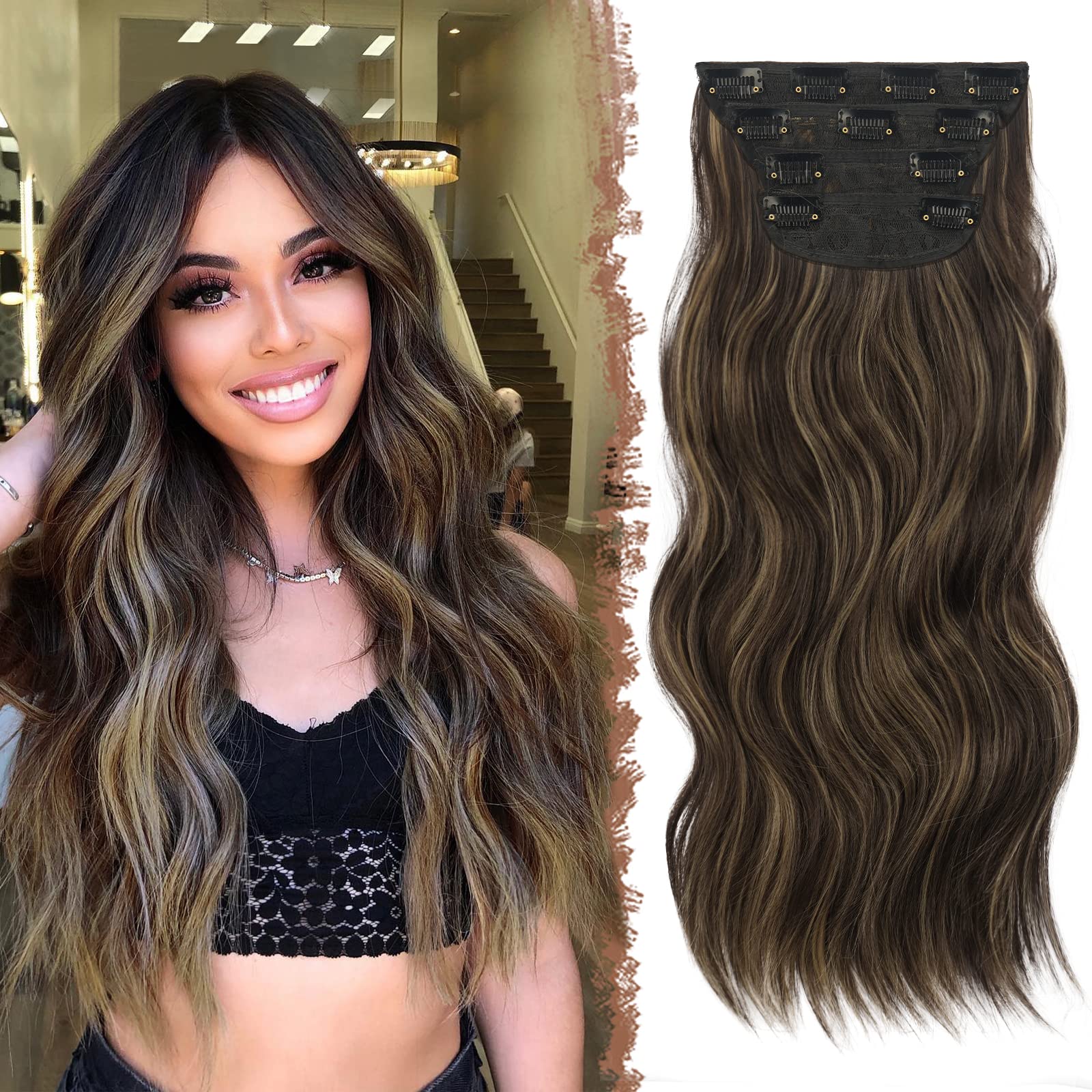 FESHFEN Clip in Hair Extensions 4PCS Chocolate Brown Mix Blonde Highlighted Thick Highlighted Hair Piece Long Wavy Clip in Extensions Full Head Synthetic Hairpieces for Women, 20 Inch 180g