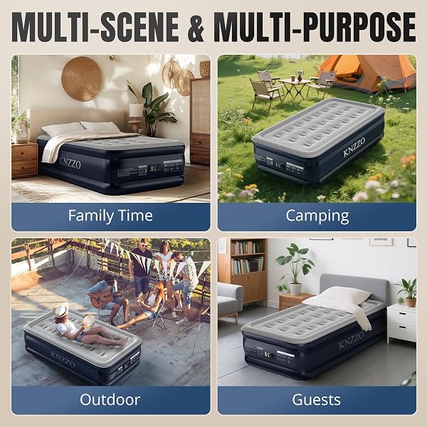 KNZZO TWIN AIR MATTRESS WITH BUILT-IN PUMP, 18″ TOP INFLATABLE MATTRESS WITH WATERPROOF FLOCKING FABRIC, THREE-MINUTE QUICK-INFLATABLE BED. PORTABLE BLOW UP MATTRESS FOR HOME, OUTDOOR AND GUESTS