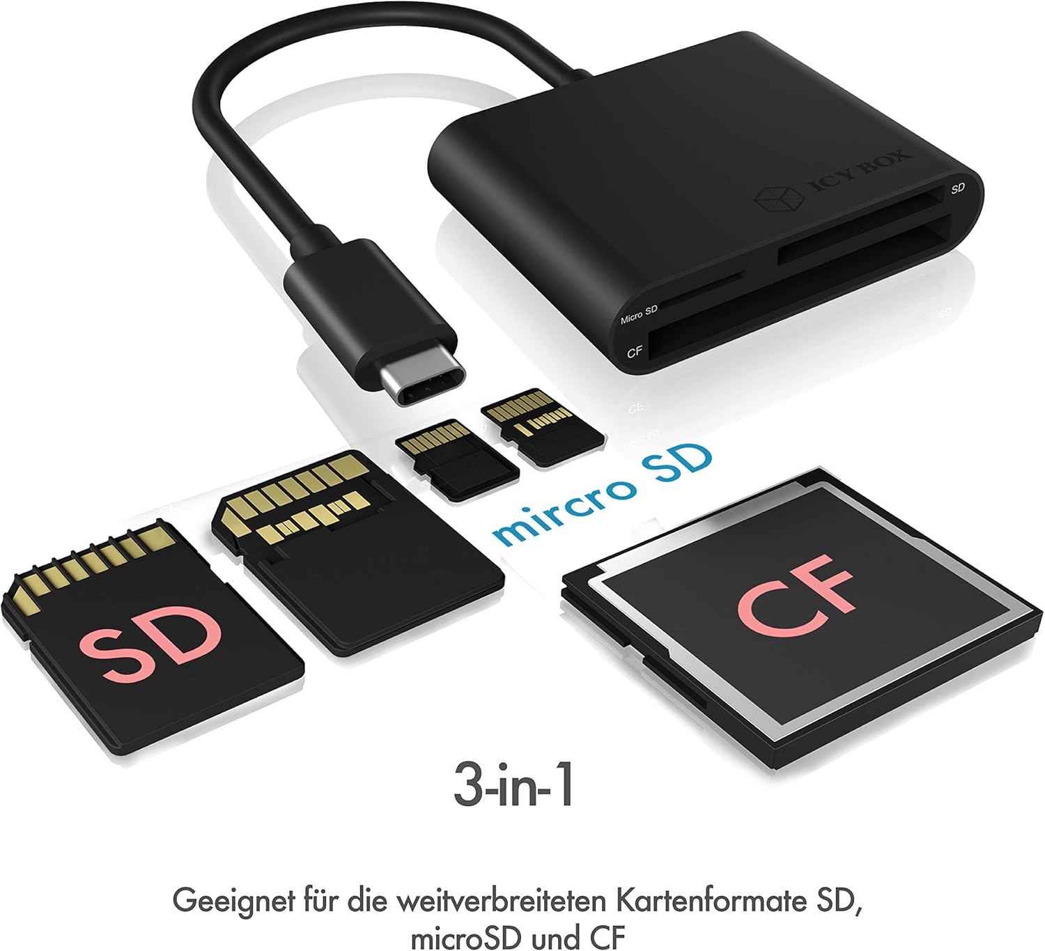 ICY BOX 60649 BOX SD Card Reader with USB-C, USB 3 Card Reader for SD Micro SD or CF, Integrated Cable, Aluminium, Black - Image 3