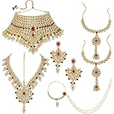 Aheli Bollywood Style Indian Bridal Choker Necklace Matha Patti Nose Ring Haath Phool Wedding Fashion Bharatanatyam jewellery set Gift for Women