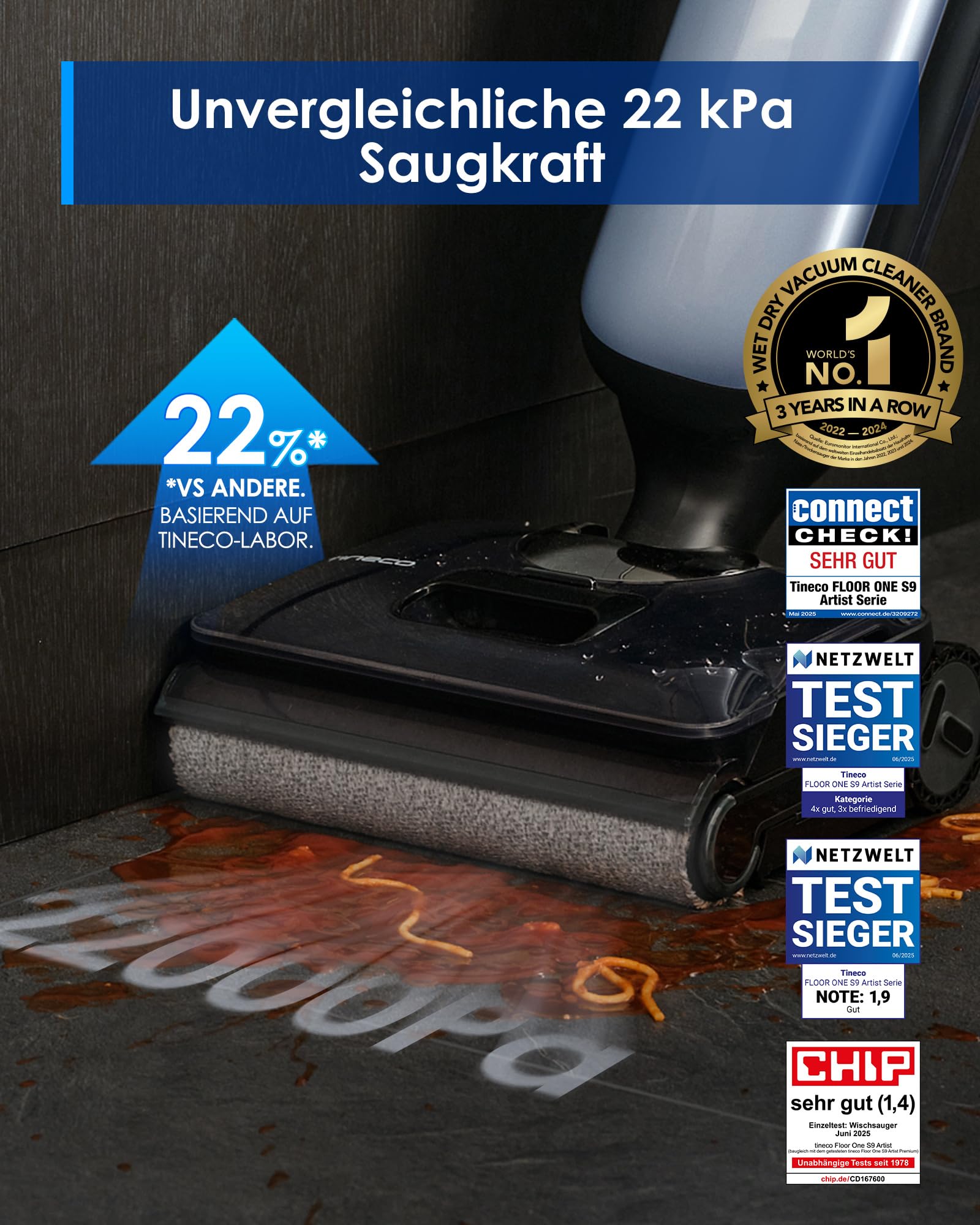 Tineco Floor One S9 Artist Stilvoller Nass Trockensauger, 22kPa Nasssauger, 360° SmoothDrive, Anti-Tangle, 85°C Flashdry-Selbstreinige, 50min Laufzeit, Beidseitige Reinigung, 180° Lay-Flat Staubsauger 2