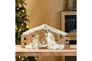 Glitzhome Holy Family Nativity Scene Set Indoor 8" H, Gold Ivory Believe Manger Nativity Set for Christmas Decorations, Christian Religious Nativity Sets & Figures Xmas Home Mantel Fireplace
