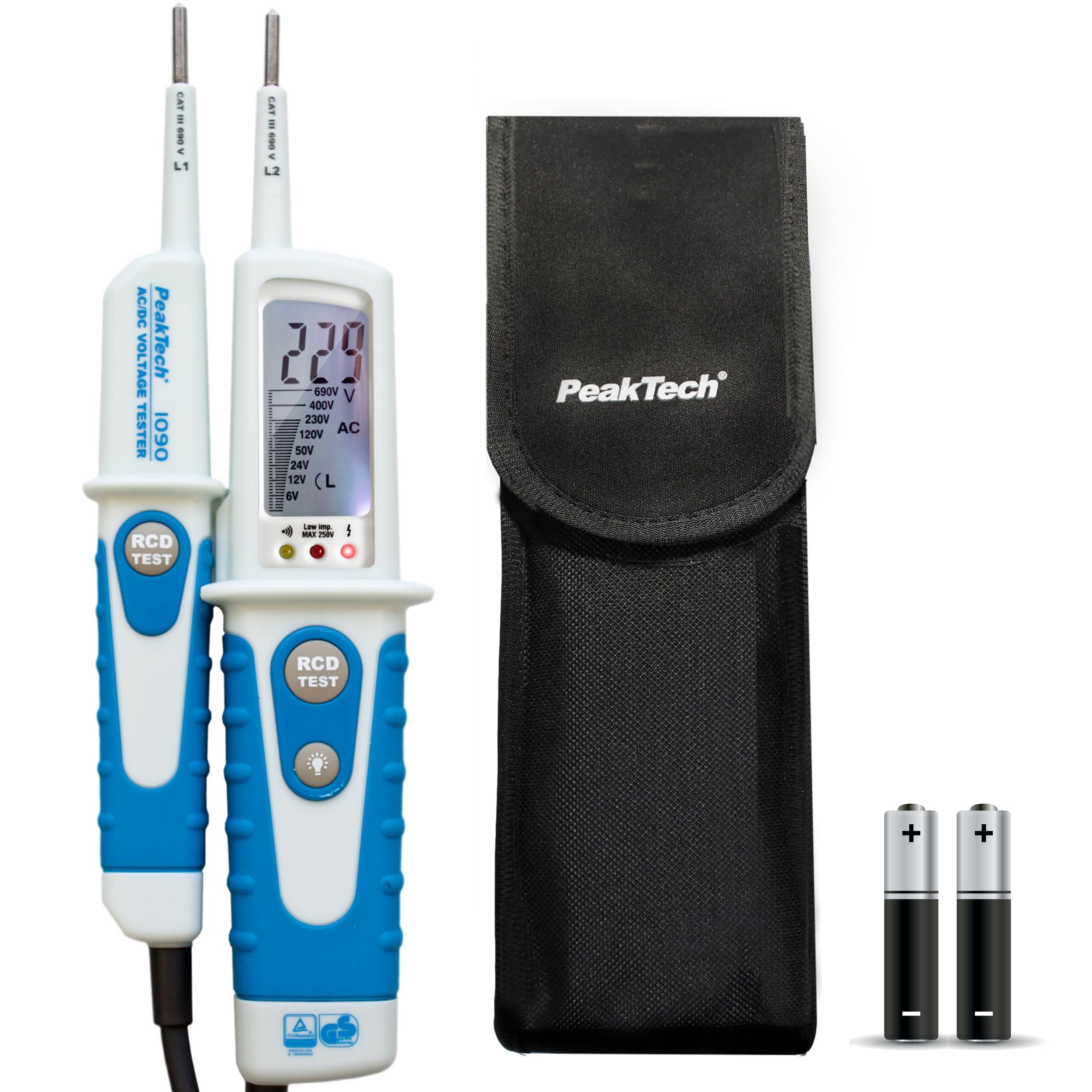 PeakTech 1090-2-pole Pen Type Meter, Digital Multimeter with 2.000 Counts, Bar graph & LCD display, Voltage Tester, Flashlight & FI Test, Polarity Detection, Resistance, Capacitance, AC/DC - 690V