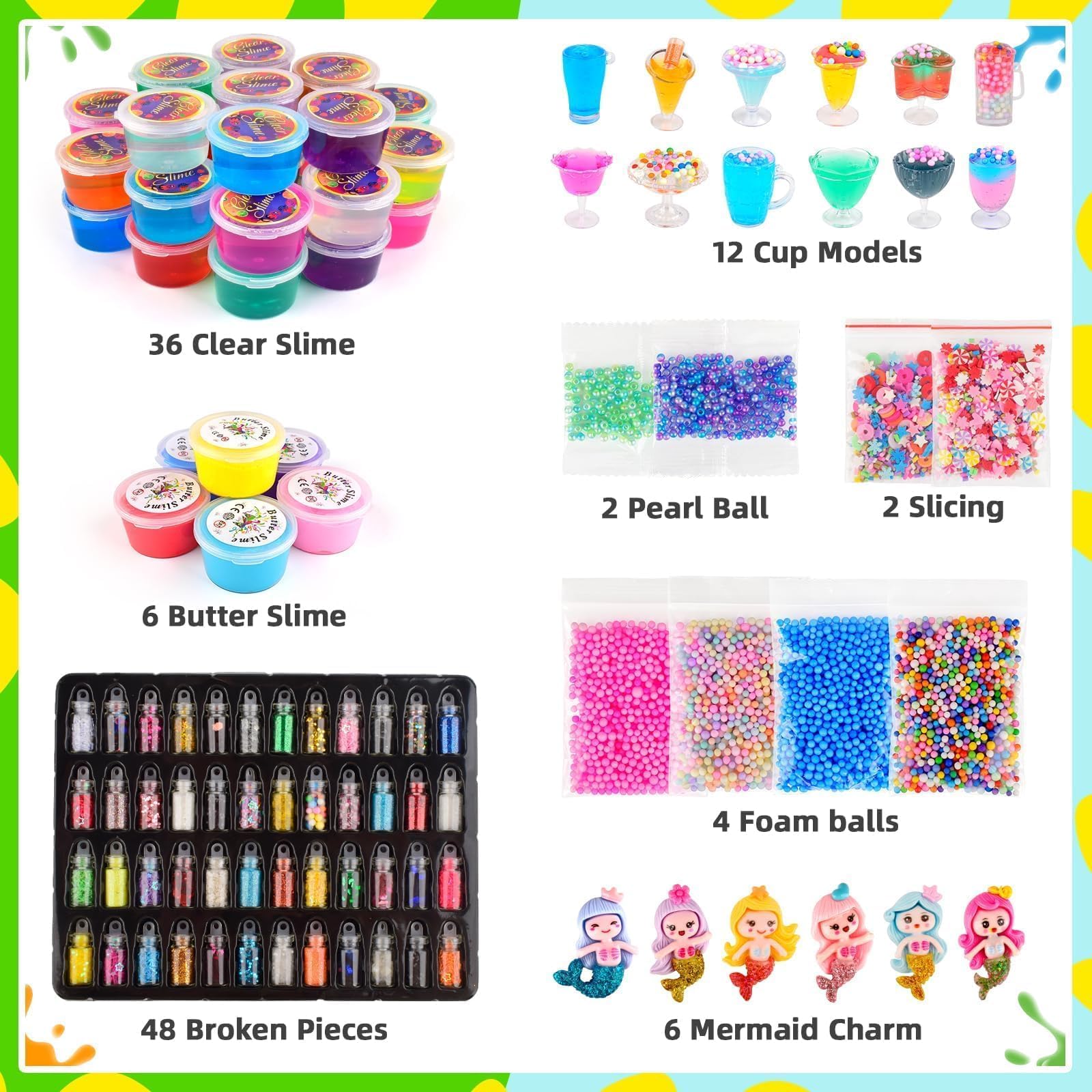 116pcs Large Package Slime Party Favors Kit, Boys and Girls 4-12 Relieve Stress Gift with Butter Clear Slime Clear Mix ins, Mermaid Charm Etc. Perfect Birthday DIY Toy for Kids 6-10