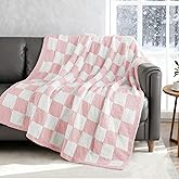 Exclusivo Mezcla Checkered Knit Throw Blanket, Ultra Soft and Warm Reversible Woven Blankets, Cozy Snuggly Throw for Couch Bed and Home Decor, Pink, 50"x60"