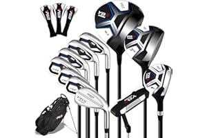 PGM 15 Pieces Men's Complete Golf Club Set with Driver, Fairway, Hybrid, Irons (6-SW), Putter, Stand Bag & Headcovers - Right Handed - Ideal for Beginners (Standard/Tall Sizes)