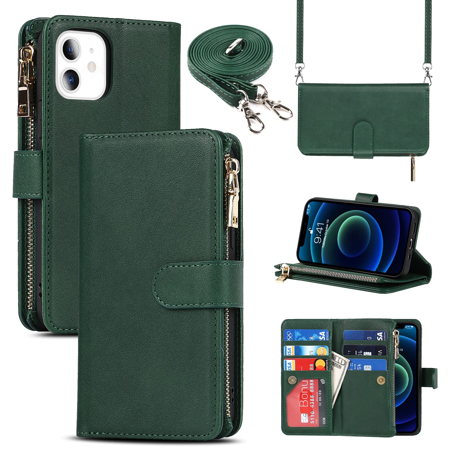 Cavor Crossbody iPhone 12 Mini Case With Card Holder With Strap,Flip Leather Wallet Case,[9 Card Holder] Zipper Detachable Lanyard Phone Case Cover for Women for iPhone 12 Mini - Dark Green — image 1