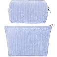 SOIDRAM 2 Pcs Corduroy Makeup Bag Large Cosmetic Bag Toiletry Bag Makeup Pouch Travel Bag Organizer Cute Makeup Brushes Aesthetic Accessories Storage Bag for Women Blue