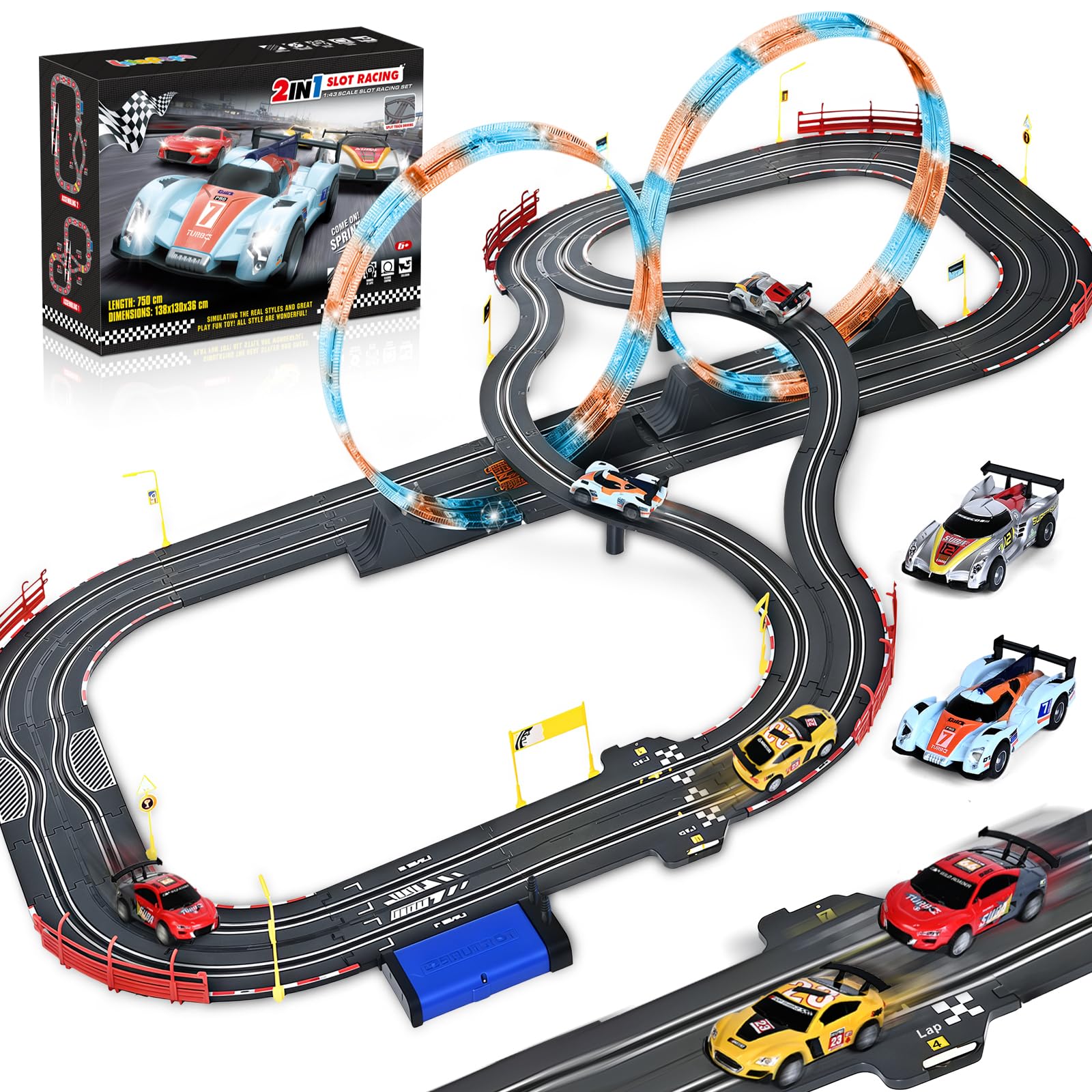 Photo 1 of Slot Car Race Track Sets with 4 Slot Cars, 2 in 1 Electric Race Cars Track,Car Tracks,Dual Racing Game Lap Counter Circular Overpass Track, Gift Toy for Boys Kids Ages 6 7 8-12