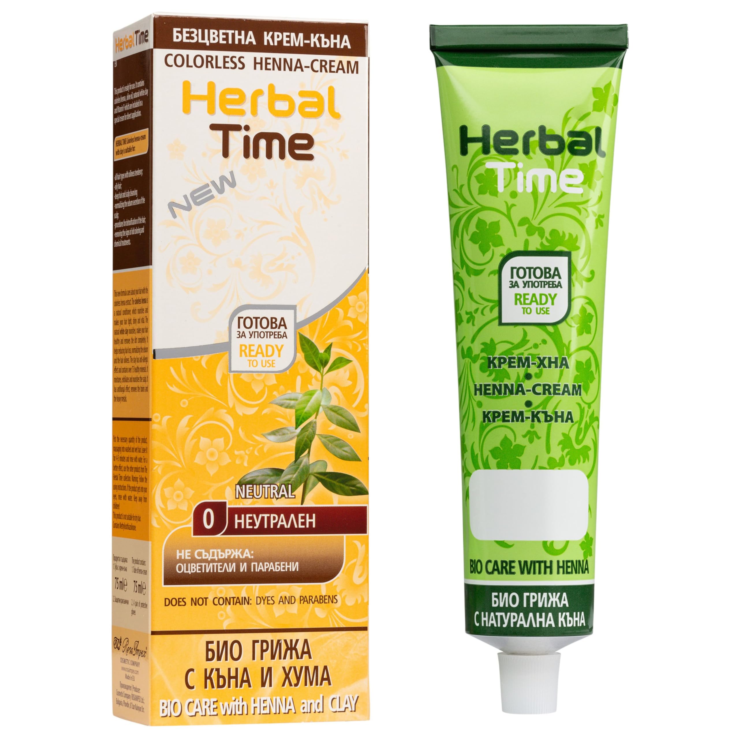Herbal Time Henna Natural Color Cream With Nettle Extract | Gray Cover | Temporary Color Dye | Ammonia, Sulfates, Parabens Free | Without Colour 0 | 75ml
