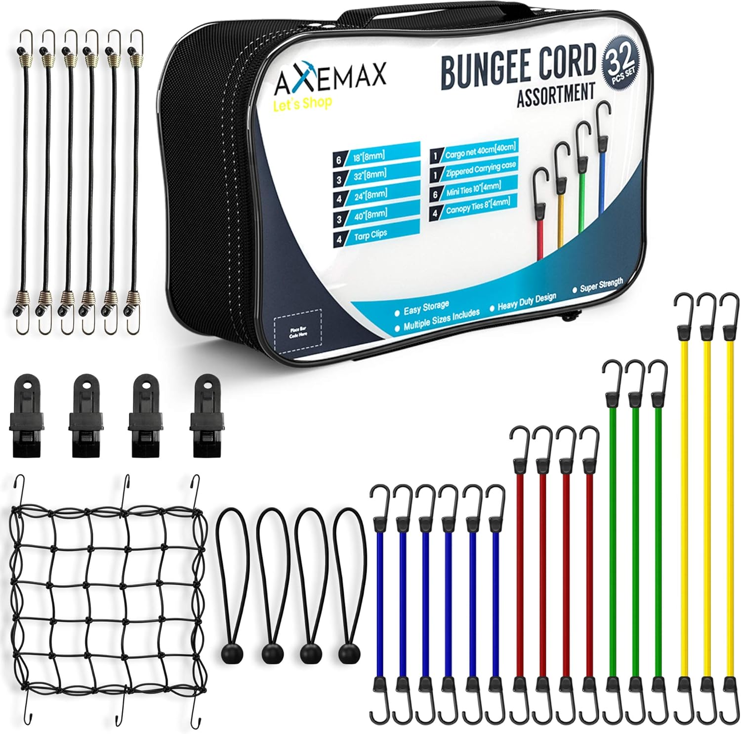 AXEMAX Bungee Cords 32 Pieces Assortment of Tarp Clips, Canopy Ties, Bungie Straps and Cargo Net with Heavy Duty Plastic Coated Metal Hooks -10, 18, 24, 32, 40 inches - - 