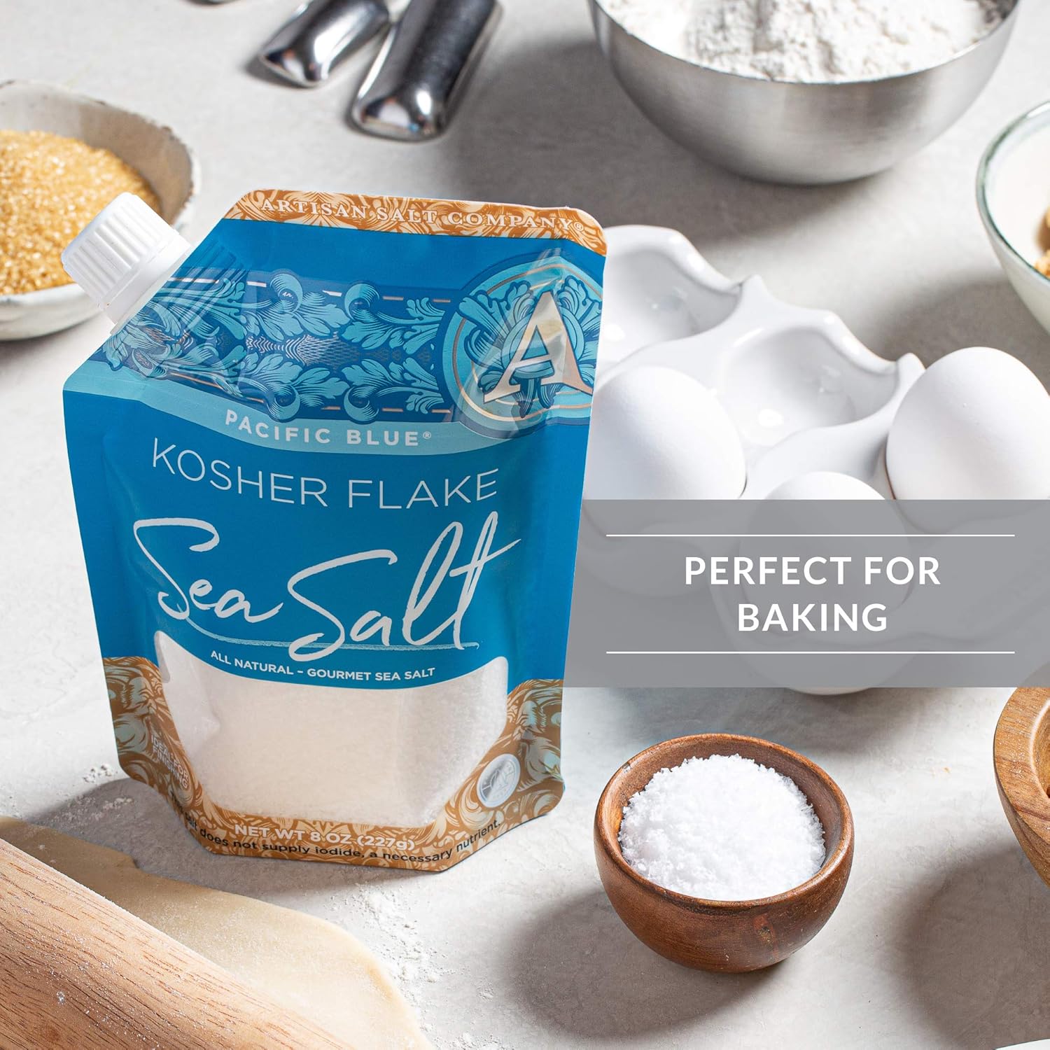 SaltWorks Pacific Blue Kosher Flake Sea Salt, Artisan Pour Spout Pouch, 8 Ounce : Grocery & Gourmet Food