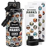 MYGLADERLIFE National Parks Water Bottle with 2 Sets Stickers and 2 Lids, 32 Oz Stainless Steel Insulated, Leakproof, BPA Free Water Bottle with Braided Rope & Compass, Cup Brush, for Camping & Hiking