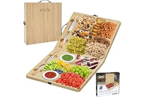 Charcuterie Boards Gift Set - Large Bamboo Cheese Board and Knife Set for 4-6 People, Foldable Charcuterie Board - Perfect fo