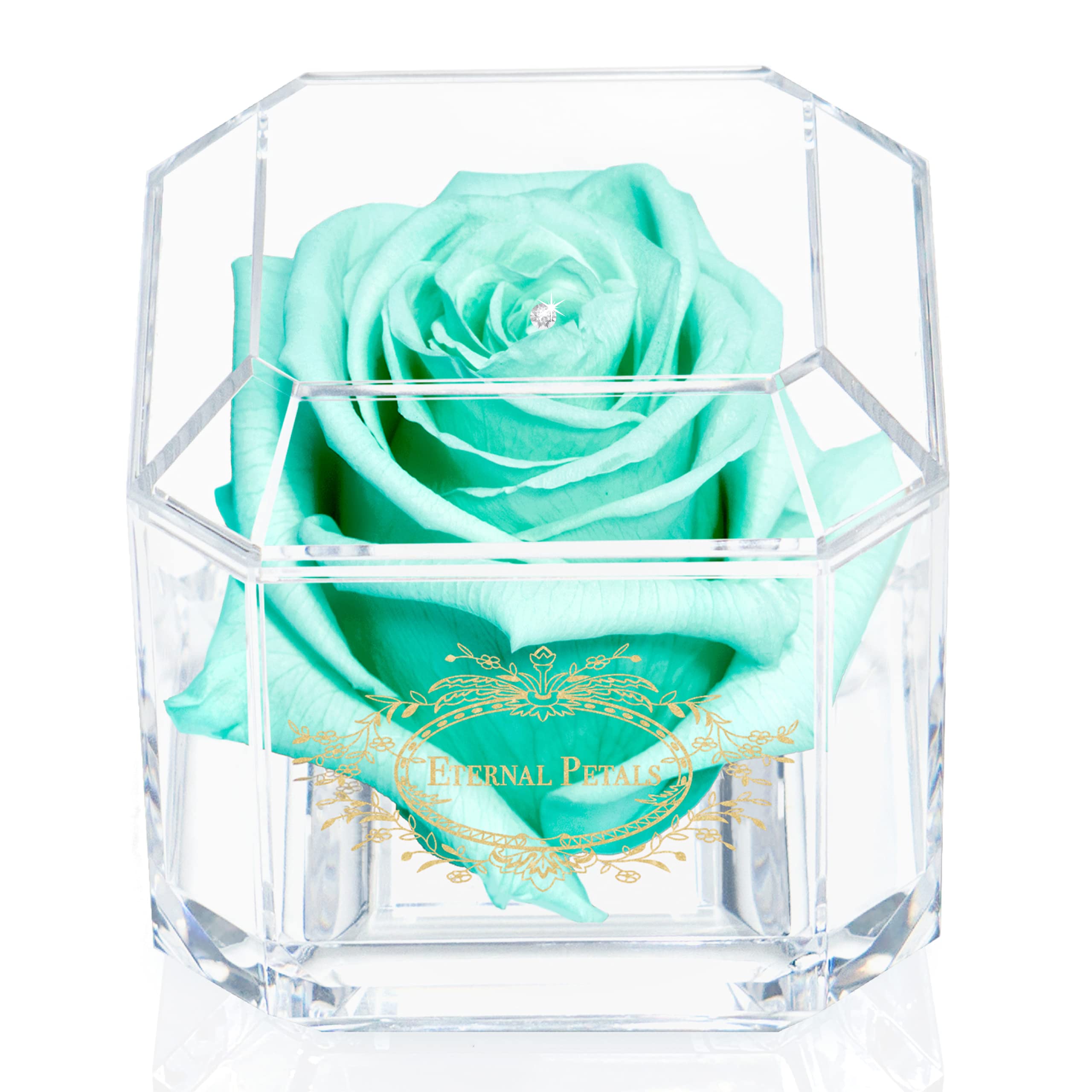 A 100% Real Rose That Lasts Years - Eternal Petals, Handmade in UK – Gold Solo with A Clear Crystal (Mint)