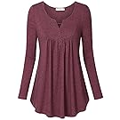 Lyking Women's Vintage Long Sleeve Henley V Neck Pleated Tunic Shirt (XL,Burgundy)