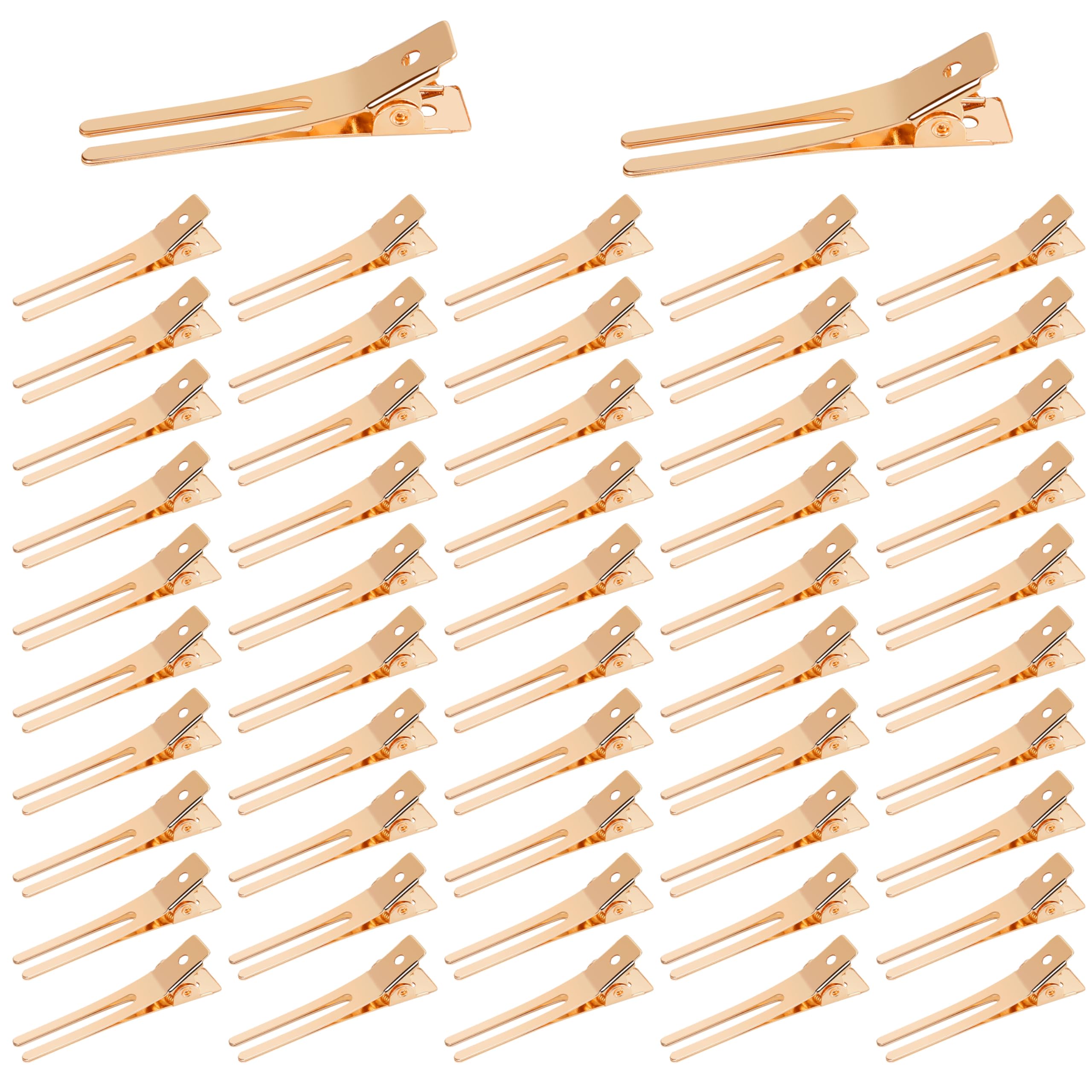 Beayuer 50pcs Hairdressing Double Prong Curl Clips, 1.8in Curl Setting Section Hair Clips Metal Alligator Clips Hairpins for Hair Bow Great Pin Curl Clip Styling Clips for Salon Barber (50 Pcs, Gold)