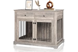 TAVATA Dog Crate Furniture with 2 Drawer, 44'' Large Dog Crate Dog Kennel, Heavy Duty Wood Dog Cage Dog House for Small/Medium/Large Dog, Sturdy Dog Kennel Dog Crate (Grey)