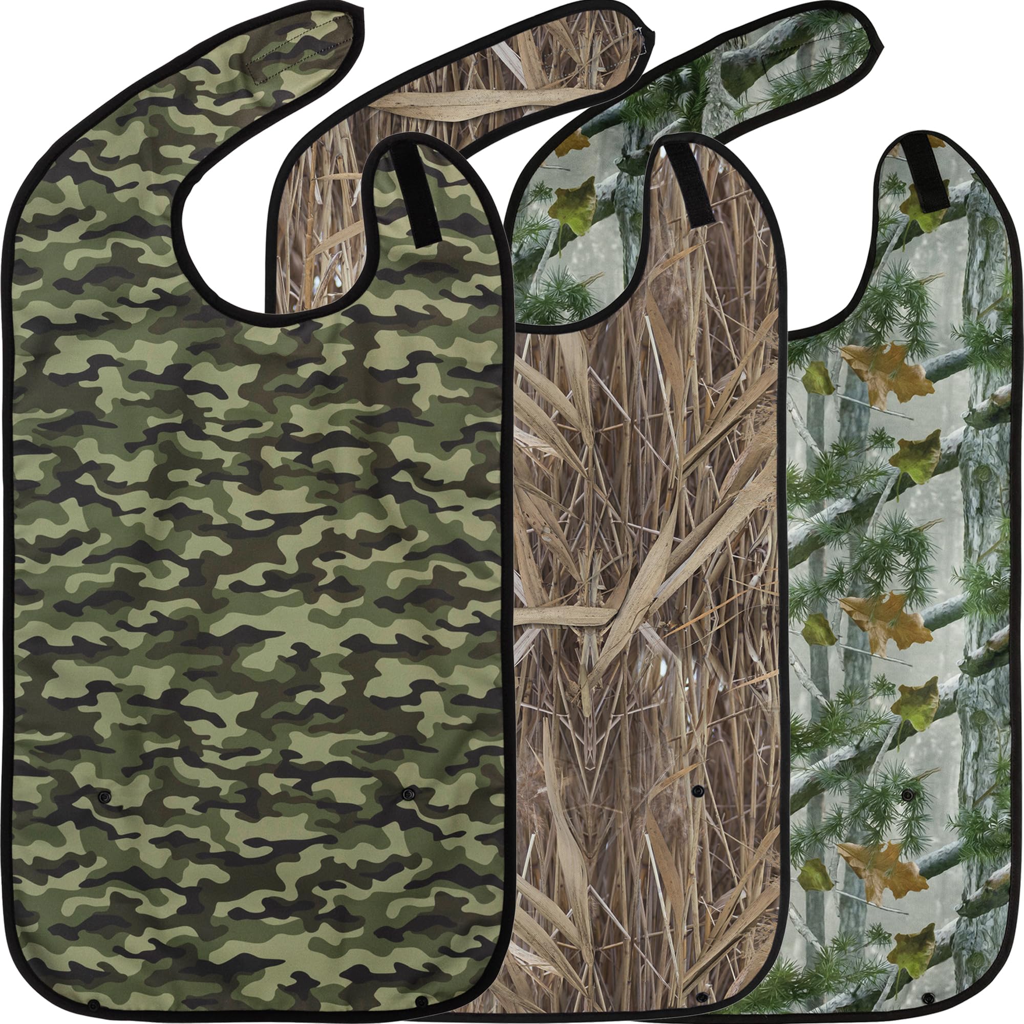 Adult Bibs for Eating: Reusable Adult Size Bib for Men and Women - Washable Clothing Protector with Crumb Catcher Pocket - 3 Pack (Variety) Hunter