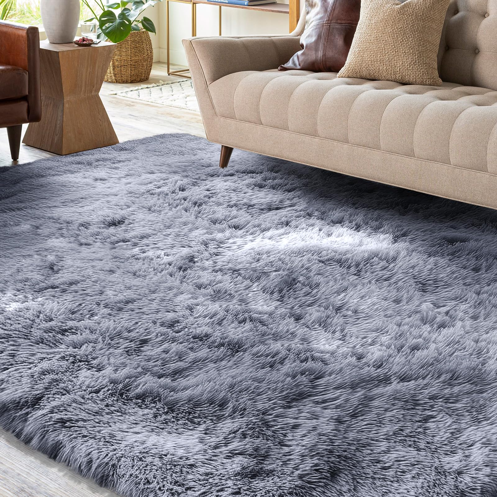 XSIVOD Grey Ultra Soft Floor Carpet, Luxury Fluffy Shag Lounge Area Rug Ideal for Living Room, Bedroom, Nursery, Kids Baby Room, 120x160cm