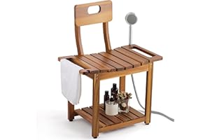 BLUEWEST 23.4'' Shower Chair with Backrest Bath Chair for Inside Shower or Tub, Heavy Duty 450 lbs Support, Non-Slip Feet, Shelf Storage, Built-in Handles for Elderly or Adults (Acacia)