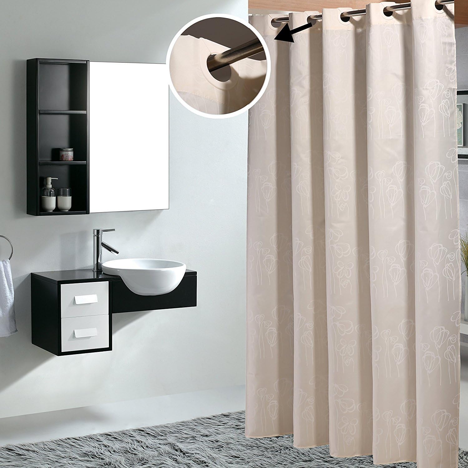 Sfoothome White Flowers Printed Pattern, Waterproof Polyester Fabric