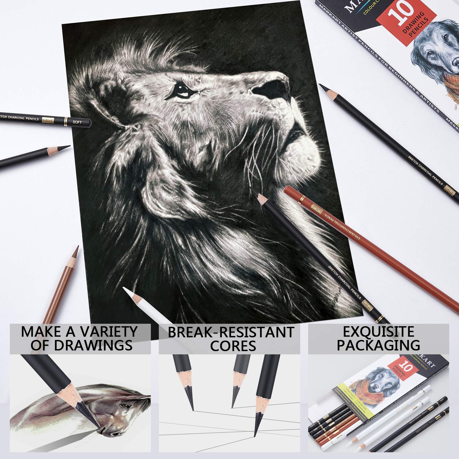 MARKART Charcoal Pencils for Drawing, 10 Pack Black & White Charcoal Pencils for Sketching, Shading, Blending, Artist Pencil for Beginners & Artists