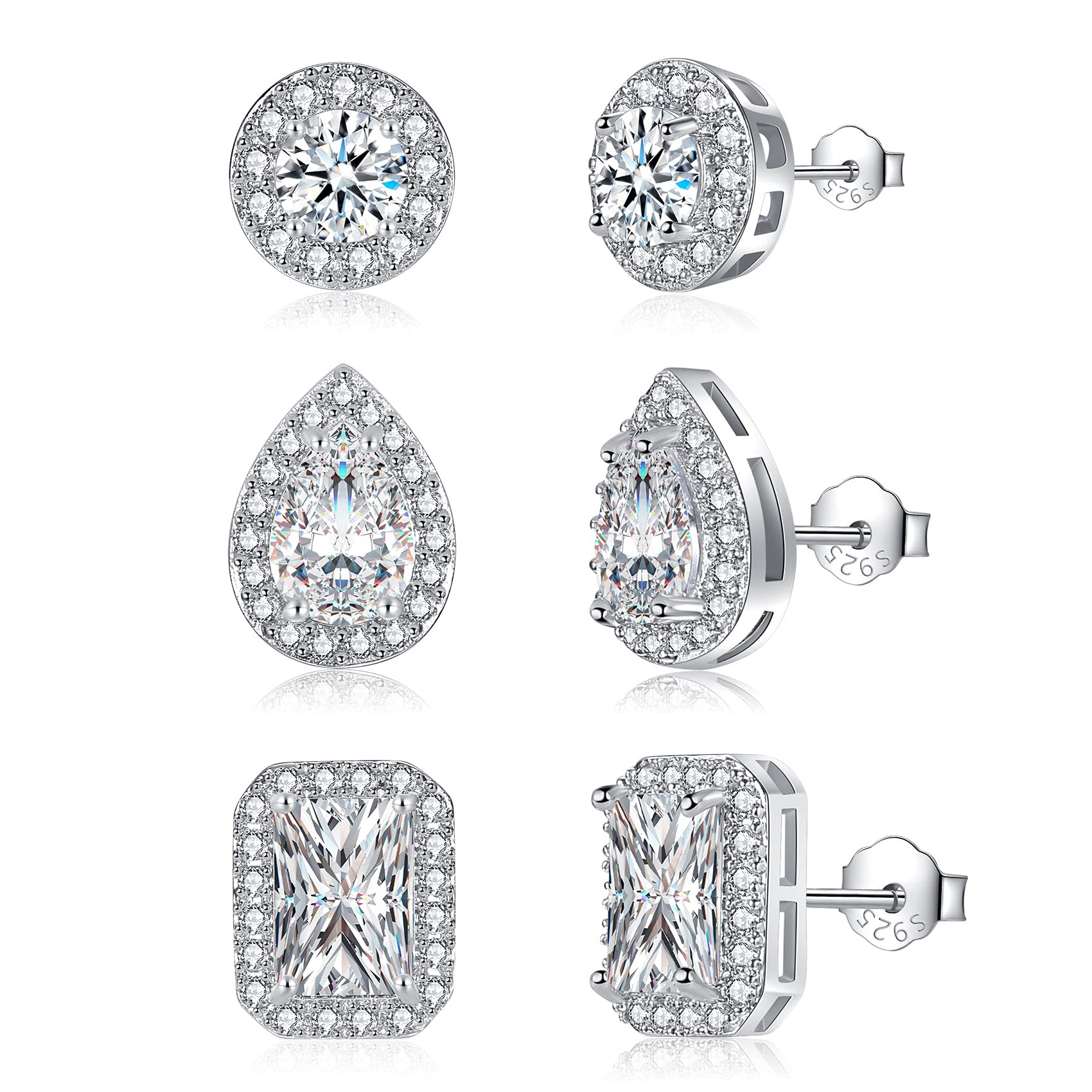 CERSLIMO 3 Pairs Silver Stud Earrings for Women Girls, Round Faux Diamond Halo Earrings | Rectangle Teardrop Cubic Zirconia Stud Earrings - Dainty Bridal Earring Jewelry for Brides Bridesmaids Wedding