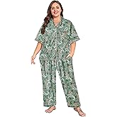 Vozanet Women's Pajamas Set Button Down Short Sleeve Shirt and Pants Soft Knit Polyester Lounge Sets Plus Size 1x to 5x